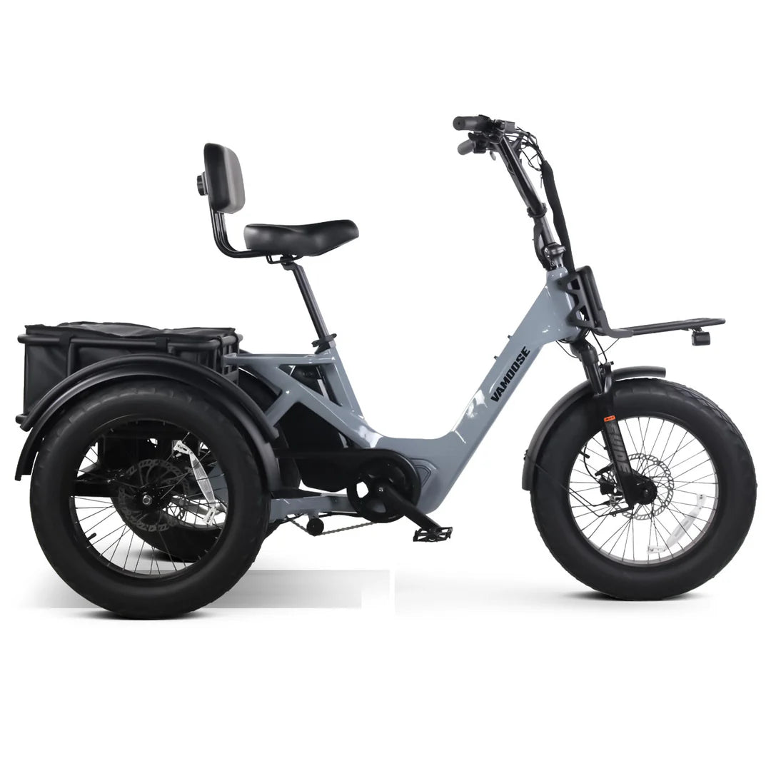 Vamoose Tri-Cycle SST electric trike with 52V 750W rear hub motor and rear differential for stability. Features 20"x4" fat tires, hydraulic disc brakes, comfortable plush seat, folding handlebar stem, and a large 52V 20Ah Samsung battery for extended range. Includes rear carrier bag, front shovel rack, and LED lights with signal indicator.