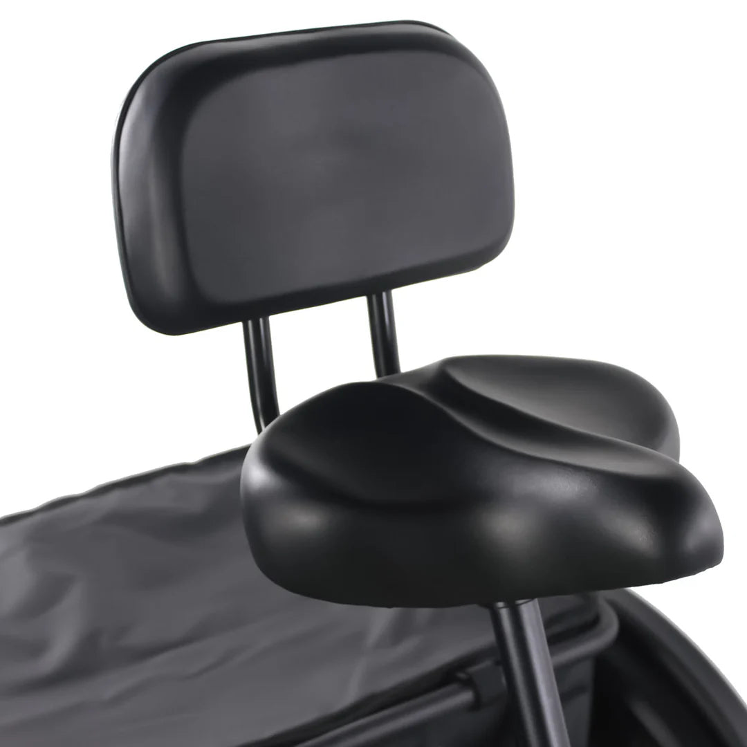 Vamoose Tri-Cycle SST electric trike with 52V 750W rear hub motor and rear differential for stability. Features 20"x4" fat tires, hydraulic disc brakes, comfortable plush seat, folding handlebar stem, and a large 52V 20Ah Samsung battery for extended range. Includes rear carrier bag, front shovel rack, and LED lights with signal indicator.