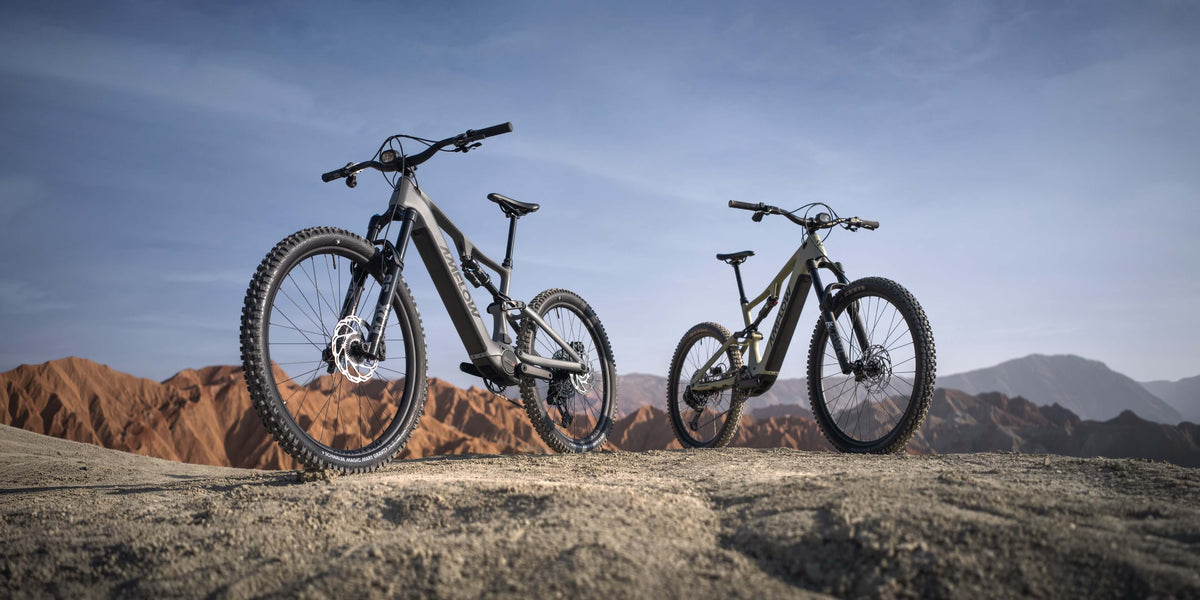 Two Amflow PR e-MTBs on red rock